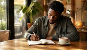 Zu viele digitale Tools – Mann im Café mit Notizbuch statt Smartphone