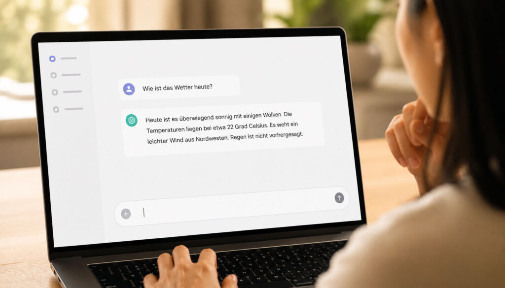 ChatGPT im Alltag nutzen – ostasiatische Frau tippt konzentriert am Laptop im Büro