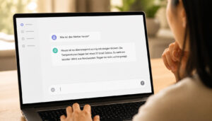ChatGPT im Alltag nutzen – ostasiatische Frau tippt konzentriert am Laptop im Büro