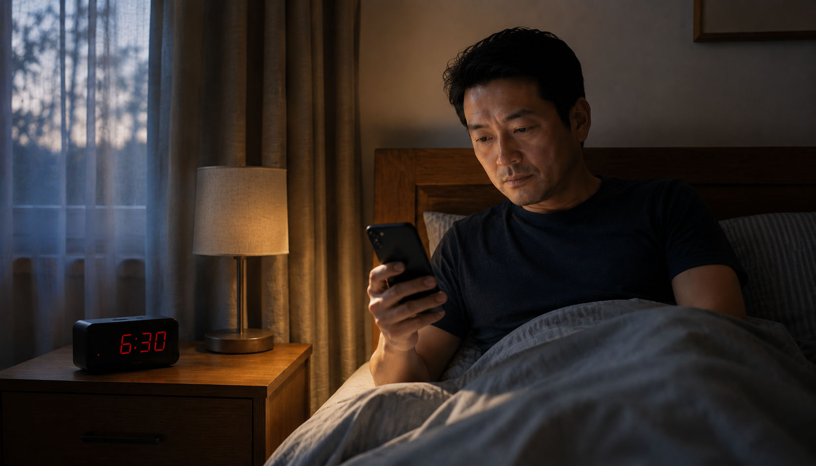 „Fehler beim Abschalten vom Smartphone – Asiatischer Mann im Bett schaut ausfs Handy, der digitale Wecker wird ignoriert"