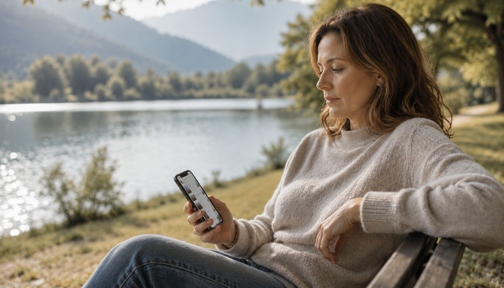 „App immer wieder öffnen – Frau schaut am See auf einer Parkbank automatisch auf ihr Smartphone"