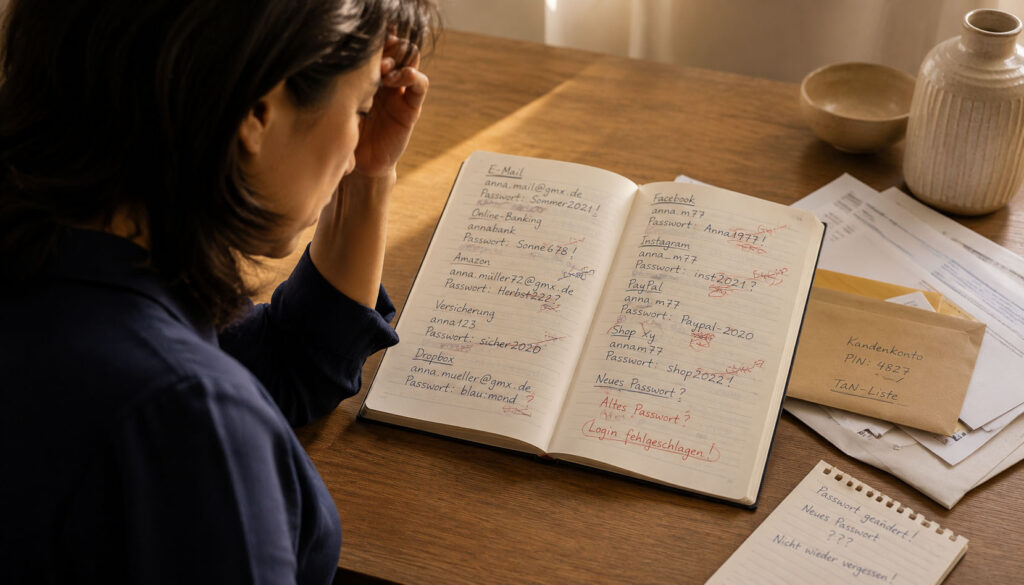 „Passwort sicher speichern – Frau schaut nachdenklich auf handschriftliche Notizen"