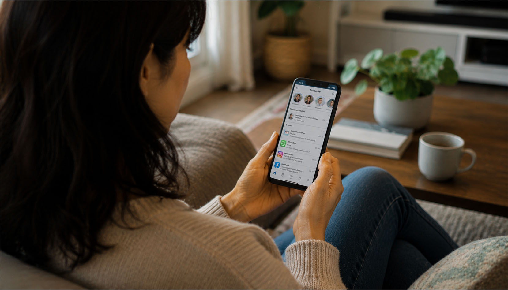 Person auf dem Sofa vertieft ins Handy – Sinnbild dafür, dass wir nur kurz eine App öffnen wollen und hängenbleiben