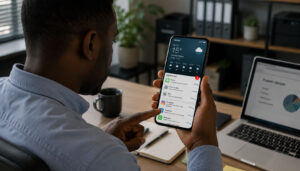 Person im Büro vertieft ins Handy – Sinnbild dafür, dass wir nur kurz eine App öffnen wollen und hängenbleiben