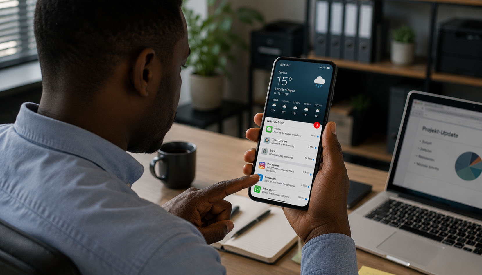 Person im Büro vertieft ins Handy – Sinnbild dafür, dass wir nur kurz eine App öffnen wollen und hängenbleiben